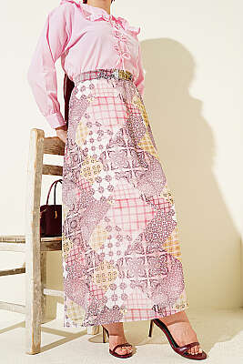 Retro Kare Çizgili Şifon Etek Pudra - TEGOE