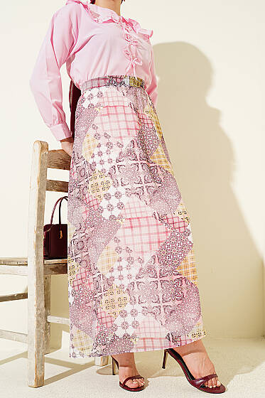 Retro Kare Çizgili Şifon Etek Pudra - Etek