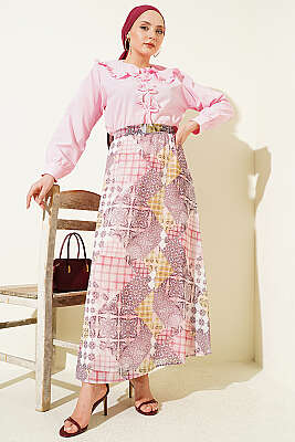 Retro Kare Çizgili Şifon Etek Pudra - Etek