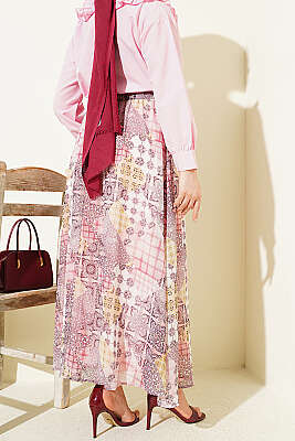 Retro Kare Çizgili Şifon Etek Pudra - Etek