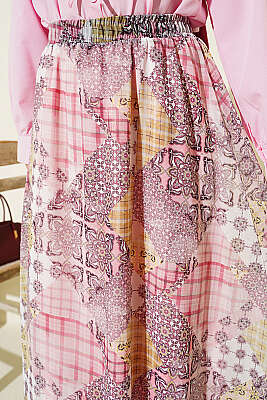 Retro Kare Çizgili Şifon Etek Pudra - Etek