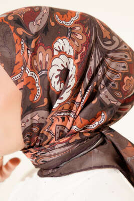 Retro Motifli Modal Eşarp Acı Kahve - Başörtüsü