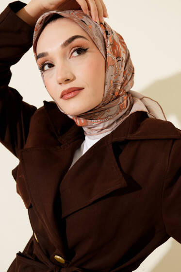 Retro Motifli Modal Eşarp Bej - Başörtüsü