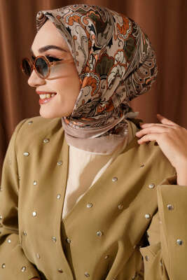 Retro Motifli Modal Eşarp Bej Haki - VERTU (NYD TEKSTİL)