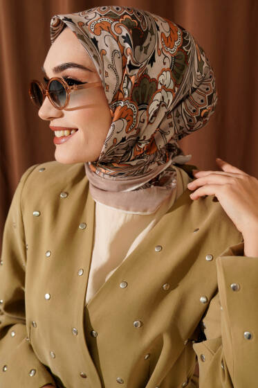 Retro Motifli Modal Eşarp Bej Haki - Başörtüsü