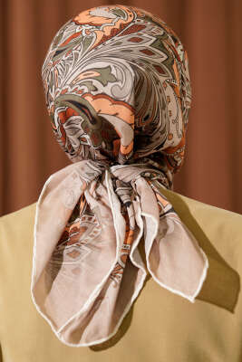 Retro Motifli Modal Eşarp Bej Haki - Başörtüsü