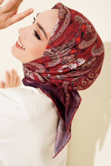 Retro Motifli Modal Eşarp Bordo - Başörtüsü