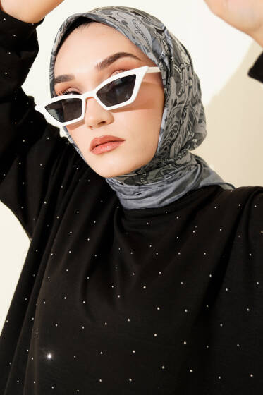 Retro Motifli Modal Eşarp Füme - Başörtüsü