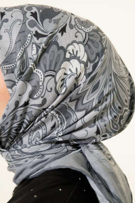 Retro Motifli Modal Eşarp Füme - Başörtüsü