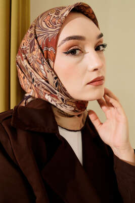 Retro Motifli Modal Eşarp Hardal - VERTU (NYD TEKSTİL)