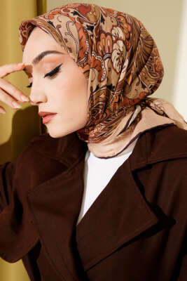 Retro Motifli Modal Eşarp Hardal - Başörtüsü