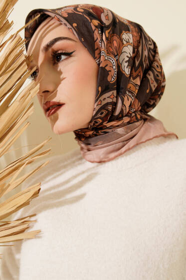 Retro Motifli Modal Eşarp Kum Bej - Başörtüsü