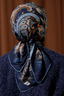 Retro Motifli Modal Eşarp Lacivert - Başörtüsü