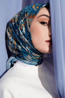 Retro Motifli Modal Eşarp Petrol - VERTU (NYD TEKSTİL)