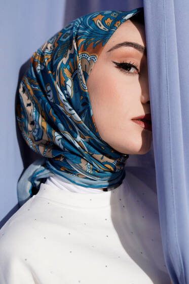 Retro Motifli Modal Eşarp Petrol - Başörtüsü