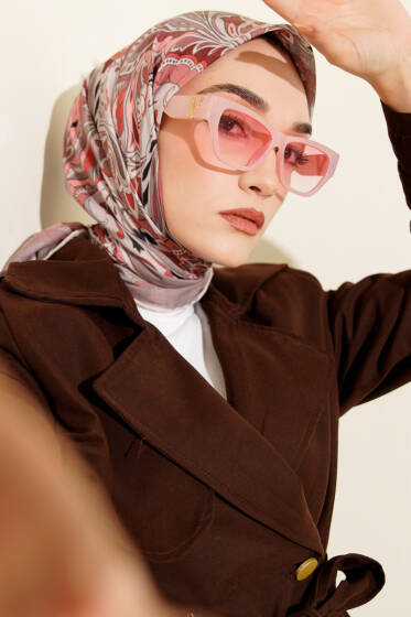 Retro Motifli Modal Eşarp Pudra - Başörtüsü