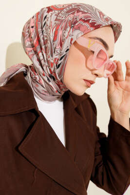 Retro Motifli Modal Eşarp Pudra - Başörtüsü