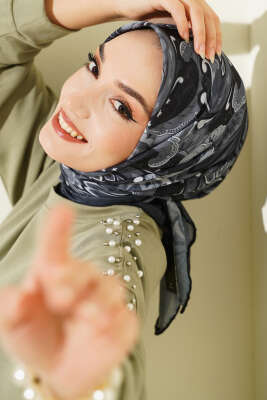 Retro Motifli Modal Eşarp Siyah - Başörtüsü