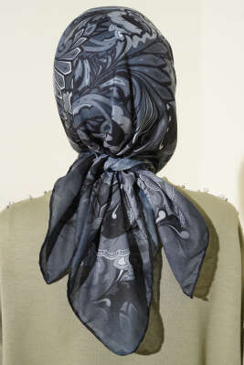 Retro Motifli Modal Eşarp Siyah - Başörtüsü