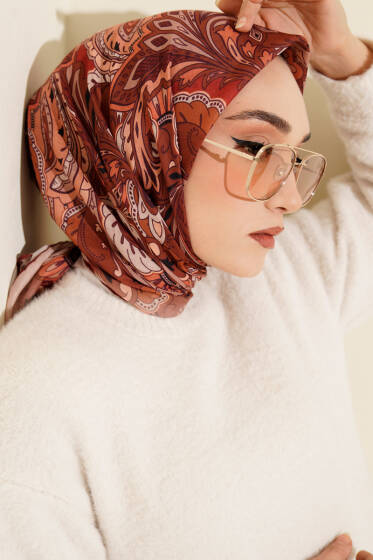 Retro Motifli Modal Eşarp Somon - Başörtüsü