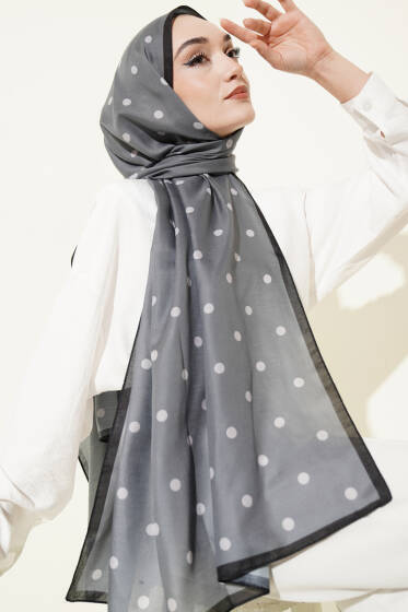 Retro Puantiye Desenli Şal Füme - Başörtüsü