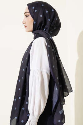 Retro Puantiye Desenli Şal Lacivert - Başörtüsü