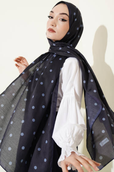 Retro Puantiye Desenli Şal Lacivert - Yılın Fırsatı