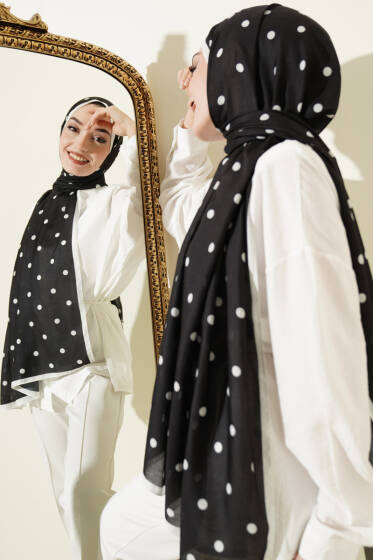 Retro Puantiye Desenli Şal Siyah - Başörtüsü