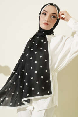 Retro Puantiye Desenli Şal Siyah - Başörtüsü