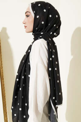 Retro Puantiye Desenli Şal Siyah - Başörtüsü