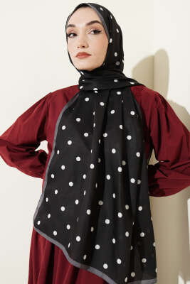 Retro Puantiye Desenli Şal Siyah Beyaz - Başörtüsü