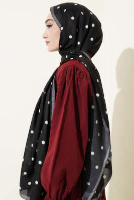 Retro Puantiye Desenli Şal Siyah Beyaz - Başörtüsü