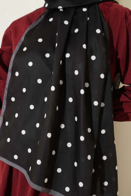 Retro Puantiye Desenli Şal Siyah Beyaz - Başörtüsü