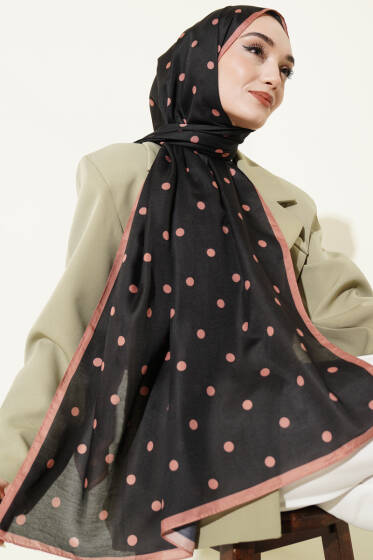 Retro Puantiye Desenli Şal Siyah Latte - Başörtüsü