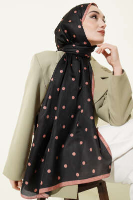 Retro Puantiye Desenli Şal Siyah Latte - Başörtüsü