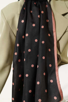 Retro Puantiye Desenli Şal Siyah Latte - Başörtüsü