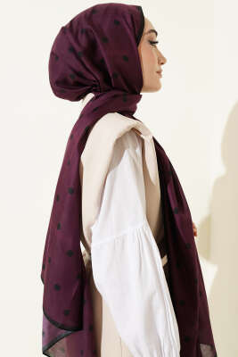 Retro Puantiye Desenli Şal Siyah Mor - Başörtüsü