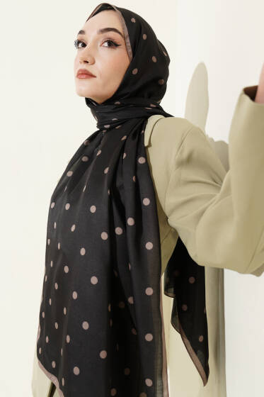 Retro Puantiye Desenli Şal Siyah Vizon - Başörtüsü