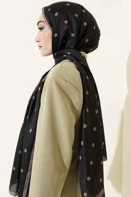 Retro Puantiye Desenli Şal Siyah Vizon - Başörtüsü