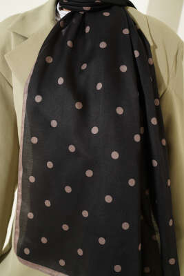 Retro Puantiye Desenli Şal Siyah Vizon - Başörtüsü