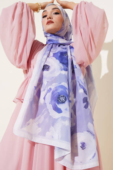 Retro Rose Desen Şal Açık Mor - Başörtüsü