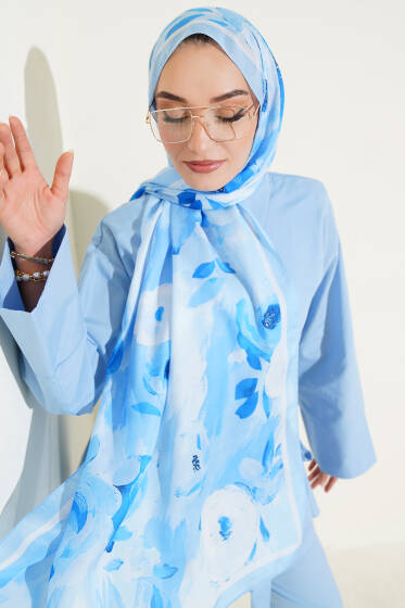 Retro Rose Desen Şal Bebe Mavi - Başörtüsü