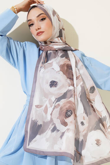 Retro Rose Desen Şal Kahve - Başörtüsü