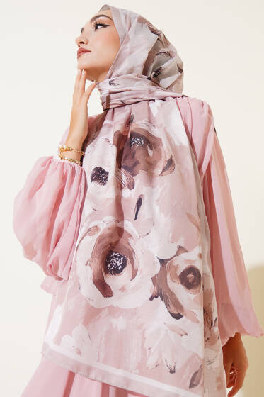 Retro Rose Desen Şal Latte - Başörtüsü