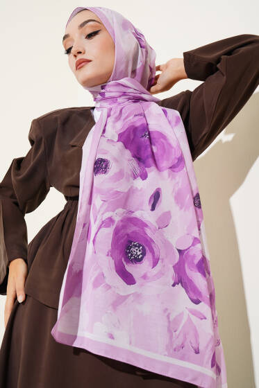 Retro Rose Desen Şal Lila - Başörtüsü