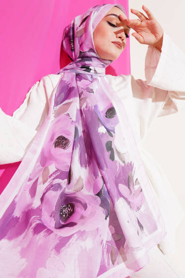 Retro Rose Desen Şal Menekşe - Başörtüsü