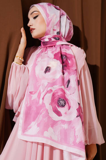Retro Rose Desen Şal Pembe - Başörtüsü