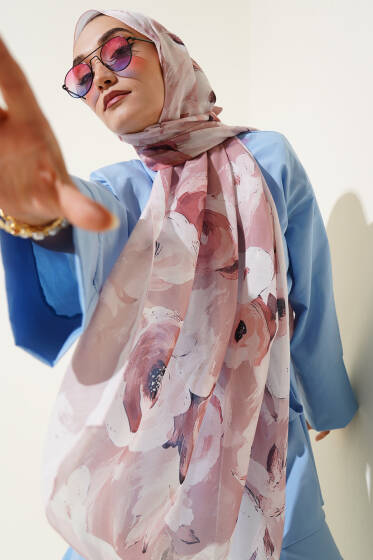 Retro Rose Desen Şal Pudra - Başörtüsü