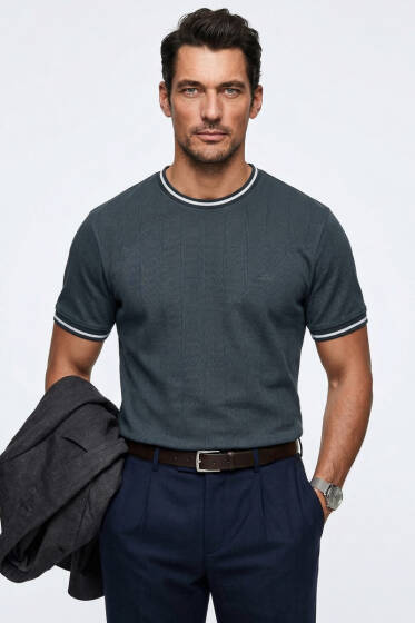 Ribana Detaylı Kısa Kol Erkek T-shirt Füme - Yılın Fırsatı