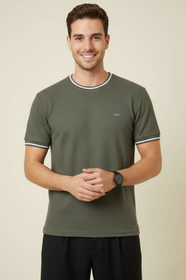 Ribana Detaylı Kısa Kol Erkek T-shirt Haki - Erkek T-shirt